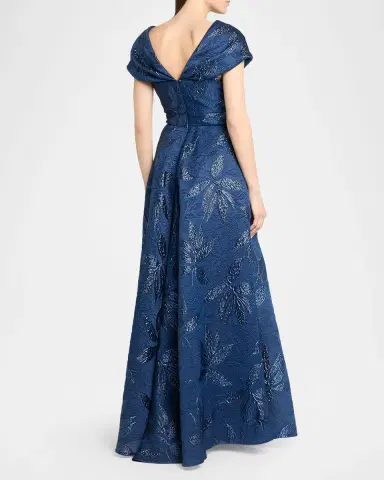 Talbot Runhof Draped Metallic Peony Jacquard Cap-Sleeve Gown | Thumbnail 3