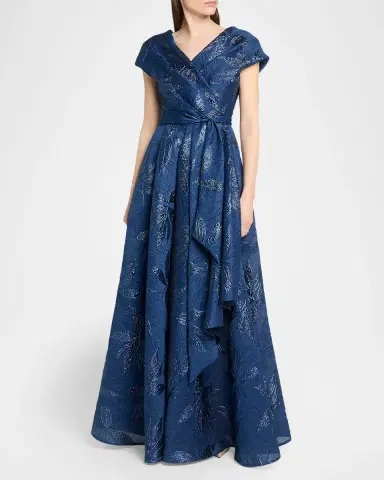 Talbot Runhof Draped Metallic Peony Jacquard Cap-Sleeve Gown | Thumbnail 4