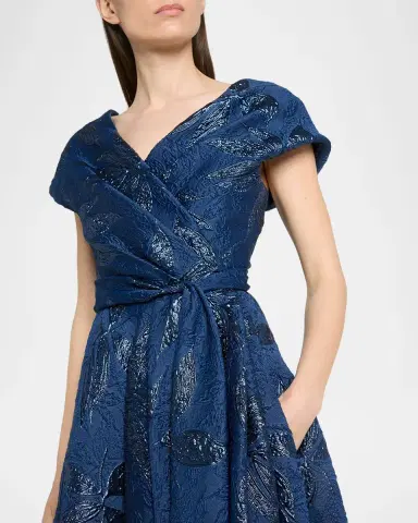 Talbot Runhof Draped Metallic Peony Jacquard Cap-Sleeve Gown | Thumbnail 5