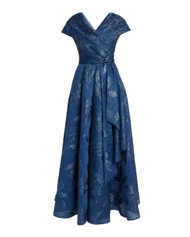 Talbot Runhof Draped Metallic Peony Jacquard Cap-Sleeve Gown | Thumbnail 1
