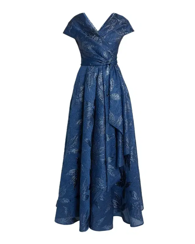 Draped Metallic Peony Jacquard Cap-Sleeve Gown