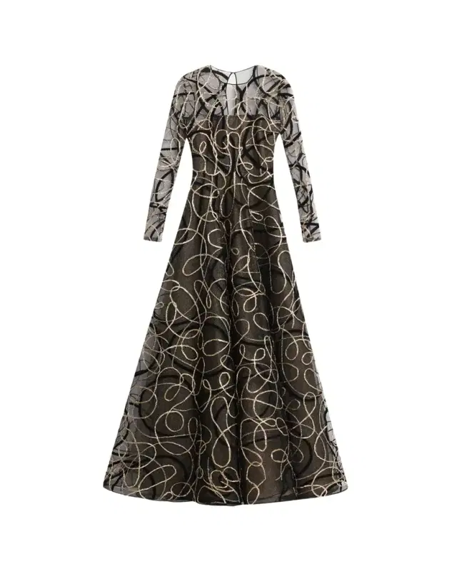 Metallic Raffia Jewel-Neck Long-Sleeve Gown