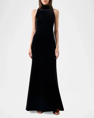 Akris Mock-Neck Fringe Knot Sleeveless Velvet Trumpet Gown | Thumbnail 2