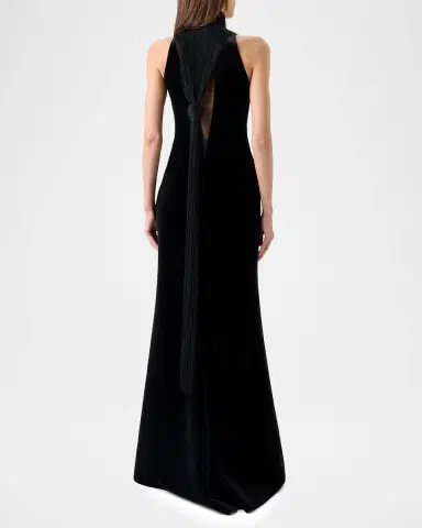 Akris Mock-Neck Fringe Knot Sleeveless Velvet Trumpet Gown | Thumbnail 3