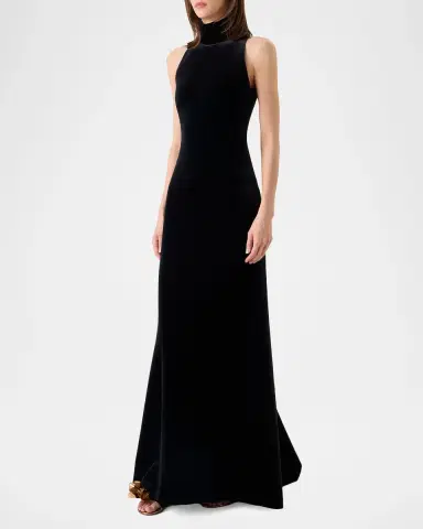 Akris Mock-Neck Fringe Knot Sleeveless Velvet Trumpet Gown | Thumbnail 4