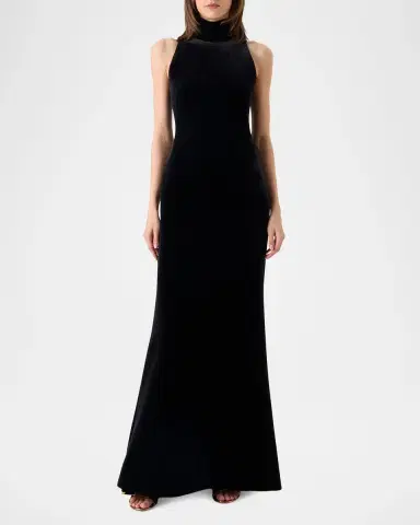 Akris Mock-Neck Fringe Knot Sleeveless Velvet Trumpet Gown | Thumbnail 6
