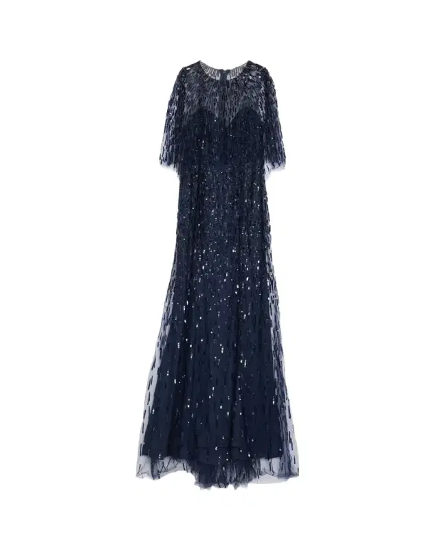 Monique Lhuillier Sequined Tulle Capelet Trumpet Gown
