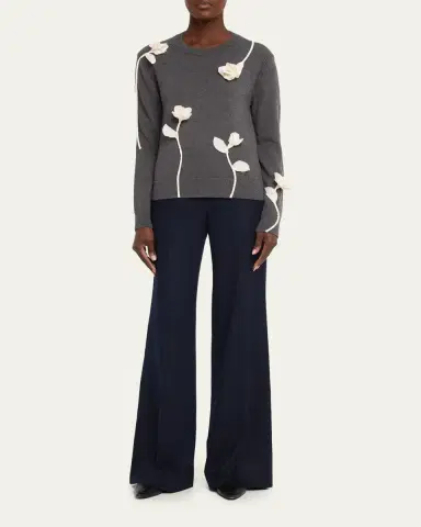 Lafayette 148 New York Floral Applique Crewneck Wool Sweater | Thumbnail 2