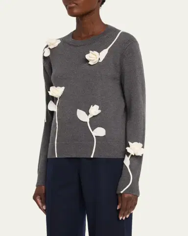 Lafayette 148 New York Floral Applique Crewneck Wool Sweater | Thumbnail 4