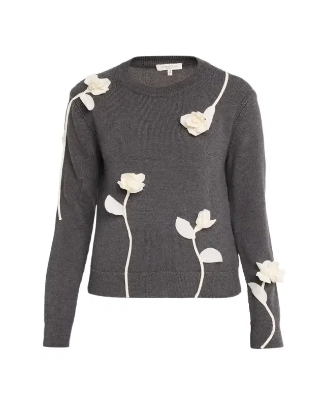 Lafayette 148 New York Floral Applique Crewneck Wool Sweater