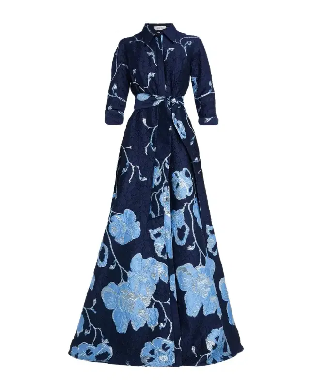 Rickie Freeman for Teri Jon A-Line Metallic Jacquard Shirt Gown