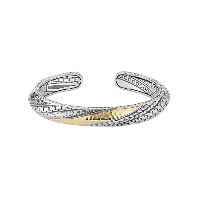 JAI JAI Hammered Artisan Sterling Silver & 14K Yellow Gold Hinged Cuff Bracelet JJH5 - M by The Solist