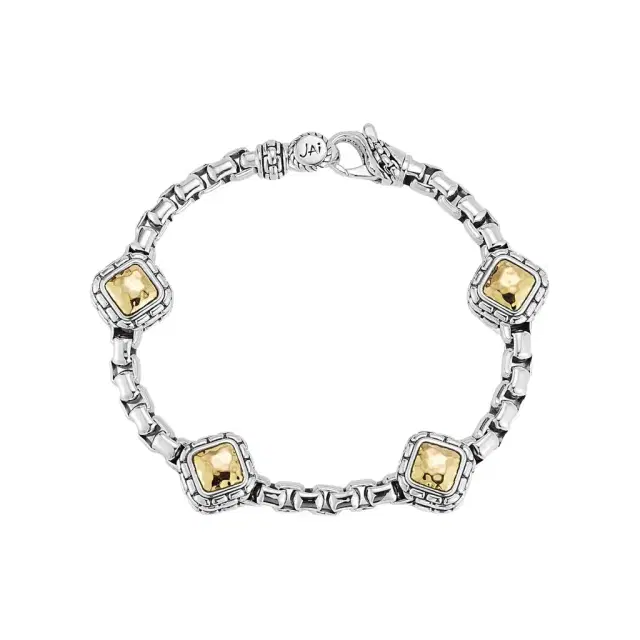 JAI JAI Sterling Silver & 14K Yellow Gold Box Chain & Hammered Station Bracelet JJH3 - by The Solist