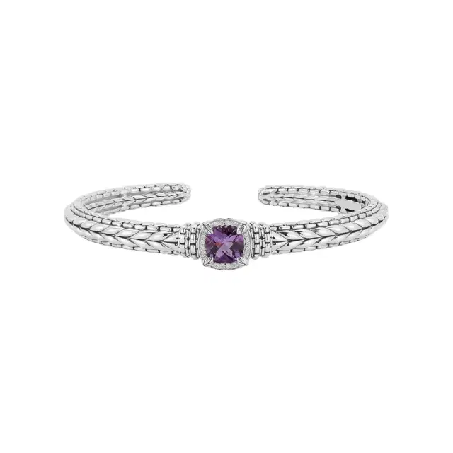 JAI JAI Sterling Silver Diamond & Amethyst Hinged Cuff Bangle Bracelet by The Solist
