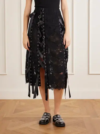 Simone Rocha Unraveling Ribbon Ring Asymmetric Embellished Lace And Satin Midi Skirt | Thumbnail 3 Simone Rocha Unraveling Ribbon Ring Asymmetric Embellished Lace And Satin Midi Skirt | Thumbnail 3