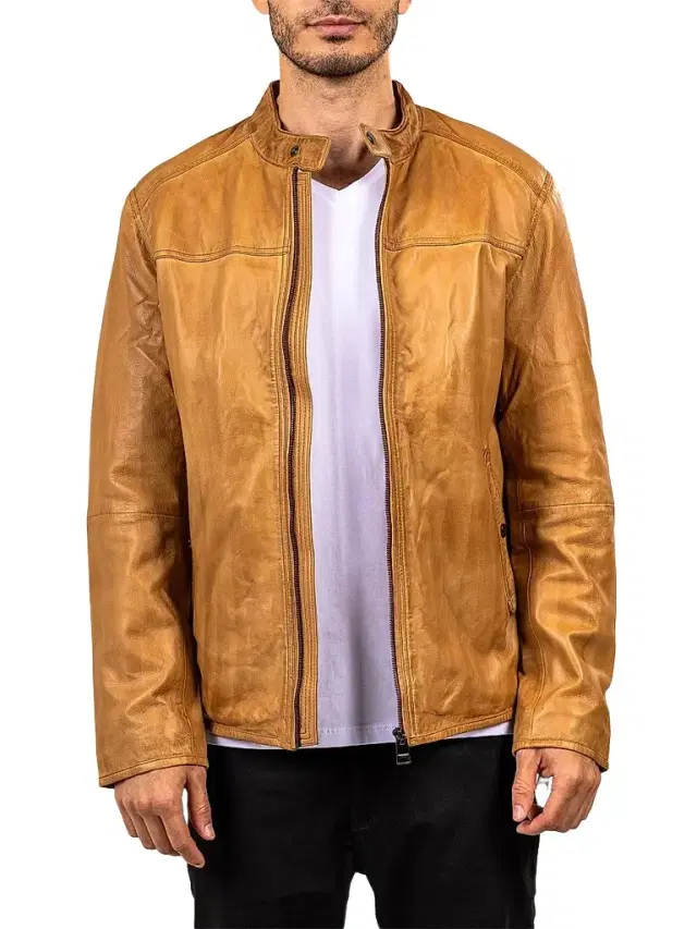 Men's Washed Leather Jacket - Brown