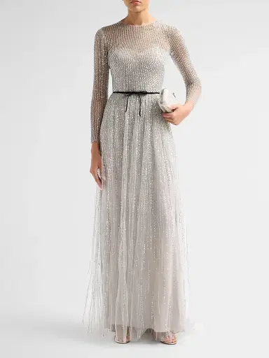MONIQUE LHUILLIER Women's Embroidered Tulle Sheer A-Line Gown - Silver Smoke | Thumbnail 2