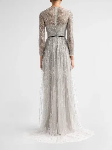 MONIQUE LHUILLIER Women's Embroidered Tulle Sheer A-Line Gown - Silver Smoke | Thumbnail 3