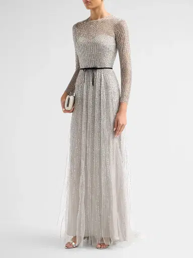 MONIQUE LHUILLIER Women's Embroidered Tulle Sheer A-Line Gown - Silver Smoke | Thumbnail 4