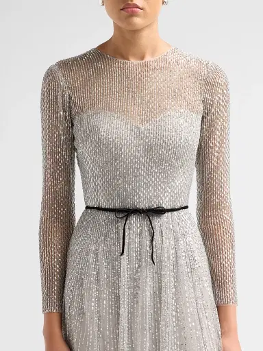 MONIQUE LHUILLIER Women's Embroidered Tulle Sheer A-Line Gown - Silver Smoke | Thumbnail 5