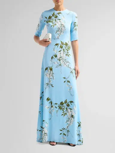 MONIQUE LHUILLIER Women's Floral Crêpe Short-Sleeve Gown - Horizon Blue Multi | Thumbnail 2