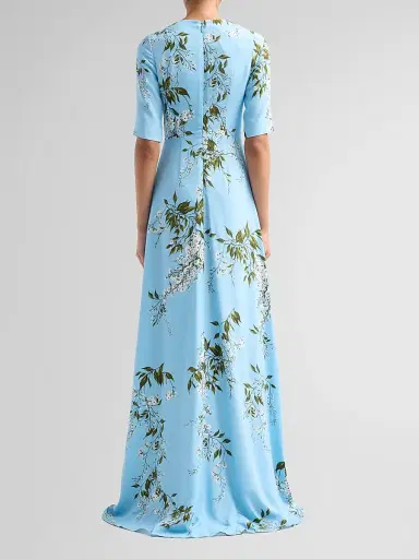 MONIQUE LHUILLIER Women's Floral Crêpe Short-Sleeve Gown - Horizon Blue Multi | Thumbnail 3