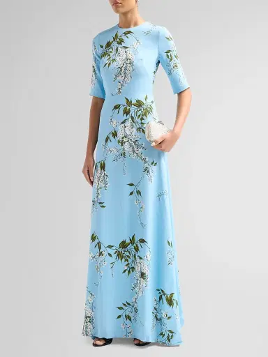 MONIQUE LHUILLIER Women's Floral Crêpe Short-Sleeve Gown - Horizon Blue Multi | Thumbnail 4