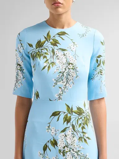 MONIQUE LHUILLIER Women's Floral Crêpe Short-Sleeve Gown - Horizon Blue Multi | Thumbnail 5