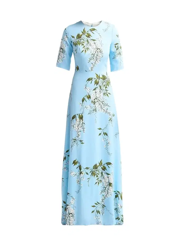 Monique Lhuillier Women's Floral Crêpe Short-Sleeve Gown - Horizon Blue Multi