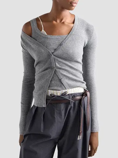 Prada Women's Ribbed Cashmere Cardigan - Grey | Thumbnail 3