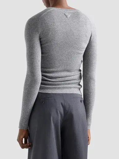 Prada Women's Ribbed Cashmere Cardigan - Grey | Thumbnail 4