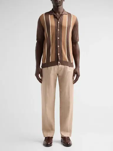 Isaia Men's Retro Striped Full-Button Polo Shirt | Thumbnail 2