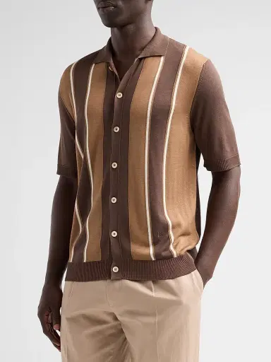 Isaia Men's Retro Striped Full-Button Polo Shirt - Dark Brown - Size XXL | Thumbnail 4