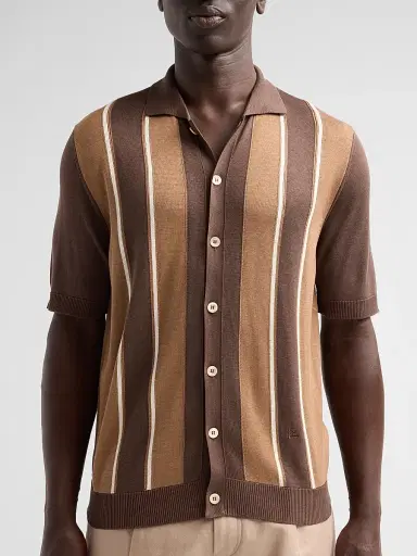 Isaia Men's Retro Striped Full-Button Polo Shirt | Thumbnail 5