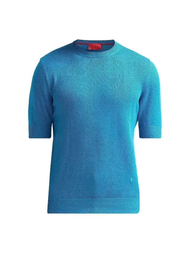 Isaia Men's Silk-Linen Knit Short-Sleeve Crewneck Shirt - Blue