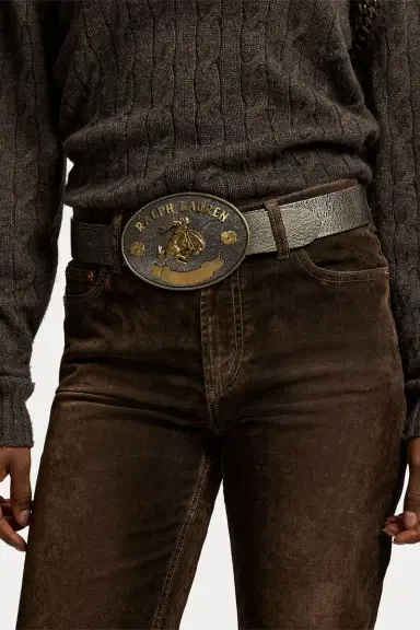 Ralph Lauren Rodeo-Buckle Metallic Vachetta Wide Belt | Thumbnail 2