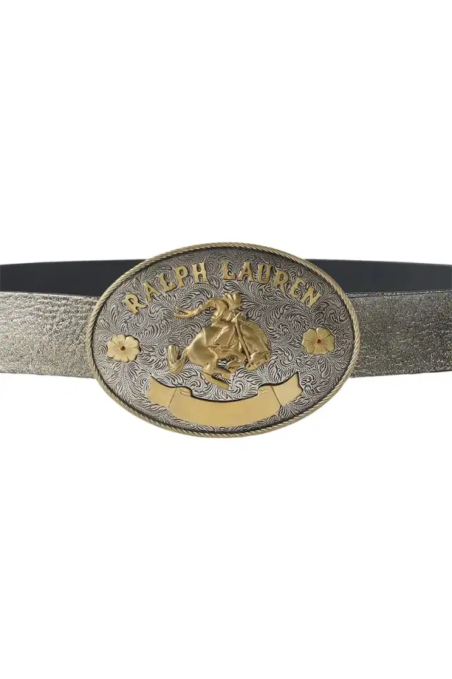 Ralph Lauren Rodeo-Buckle Metallic Vachetta Wide Belt