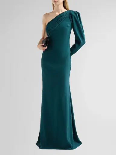 Badgley Mischka Women's One-Shoulder Draped Mermaid Gown - Pine | Thumbnail 4