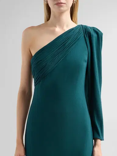 Badgley Mischka Women's One-Shoulder Draped Mermaid Gown - Pine | Thumbnail 5