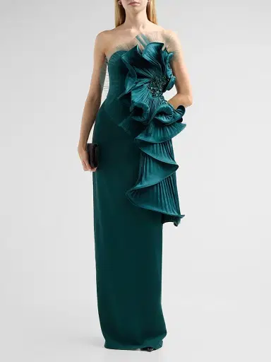 Badgley Mischka Women's Satin Floral Strapless Column Gown - Pine | Thumbnail 2