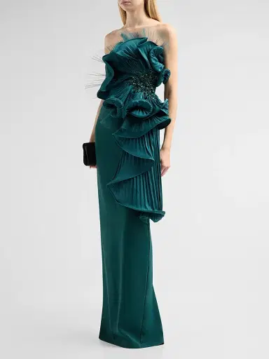 Badgley Mischka Women's Satin Floral Strapless Column Gown - Pine | Thumbnail 4