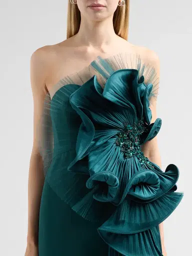 Badgley Mischka Women's Satin Floral Strapless Column Gown - Pine | Thumbnail 5