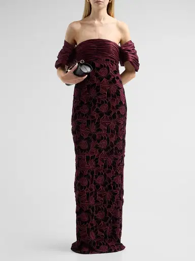 Badgley Mischka Women's Floral Guipure Off-the-Shoulder Gown - Wine | Thumbnail 2