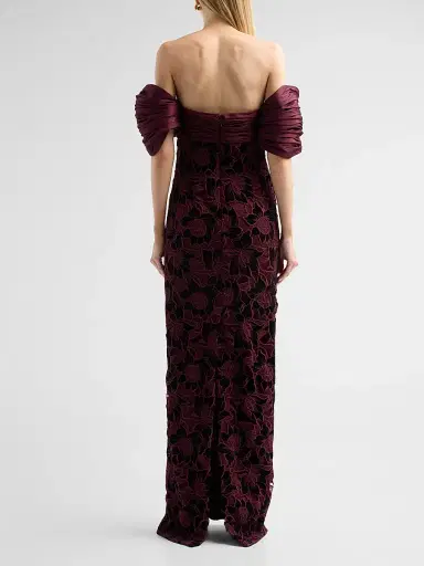 Badgley Mischka Women's Floral Guipure Off-the-Shoulder Gown - Wine | Thumbnail 3