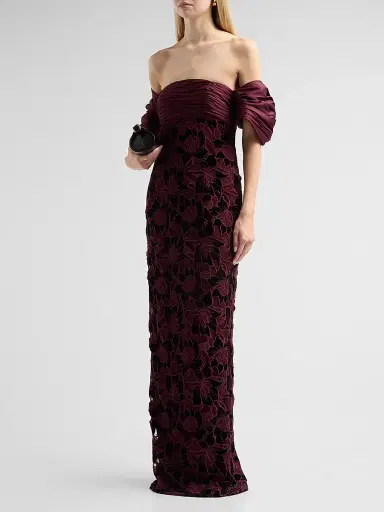 Badgley Mischka Women's Floral Guipure Off-the-Shoulder Gown - Wine | Thumbnail 4