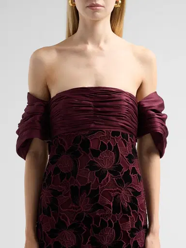 Badgley Mischka Women's Floral Guipure Off-the-Shoulder Gown - Wine | Thumbnail 5