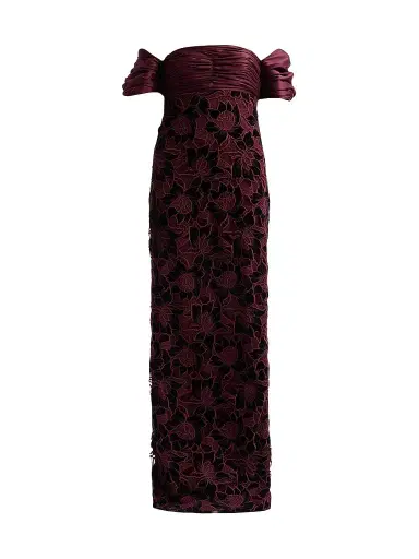 Badgley Mischka Women's Floral Guipure Off-the-Shoulder Gown - Wine | Thumbnail 1