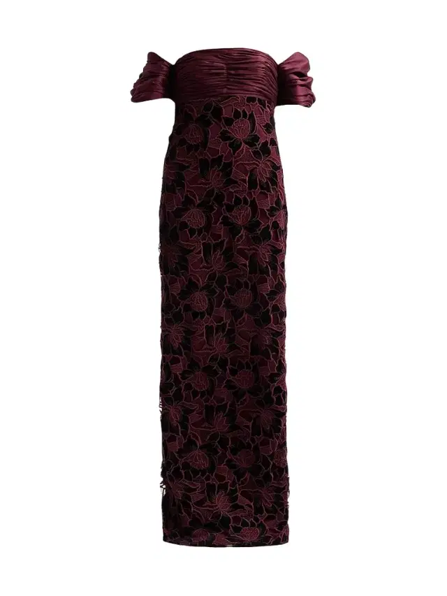 Badgley Mischka Women's Floral Guipure Off-the-Shoulder Gown - Wine