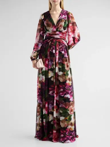 Badgley Mischka Women's Floral Pleated Georgette A-Line Gown - Fuchsia Multi | Thumbnail 2