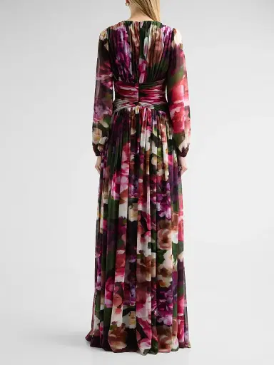 Badgley Mischka Women's Floral Pleated Georgette A-Line Gown - Fuchsia Multi | Thumbnail 3